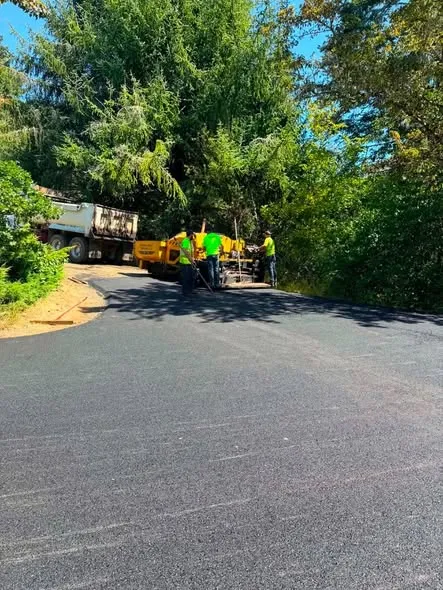 Double Eagle crew and paver laying a driveway under tall trees