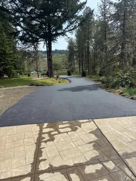 Fresh driveway meeting a stamped concrete apron